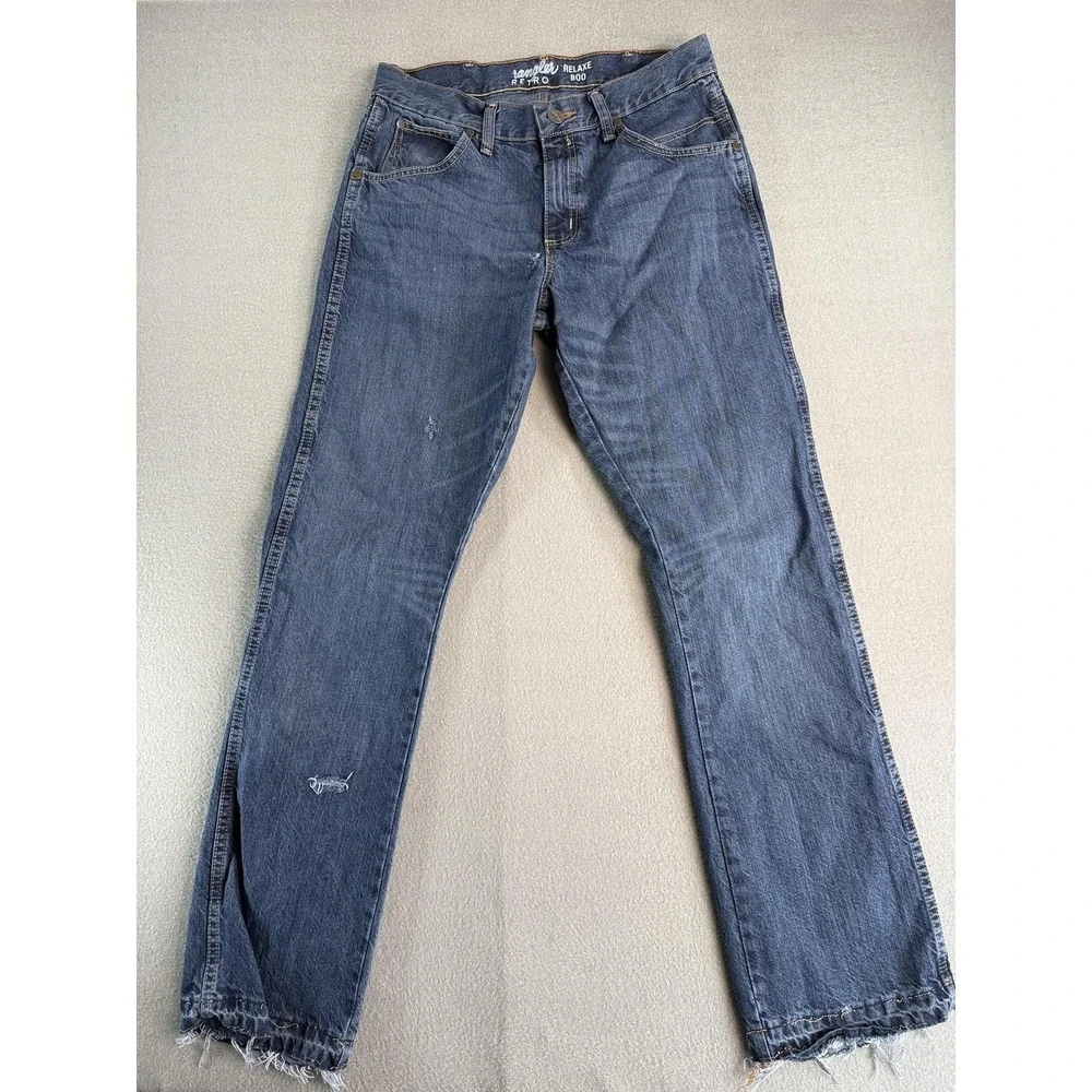 Wrangler Retro Relaxed Boot Jeans Mens 30x32 Med Blue Bootcut Distressed Denim